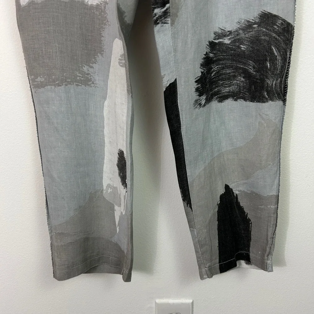 Tempo Paris Womens Small Grey Abstract Linen Drawstring Pants Tapered